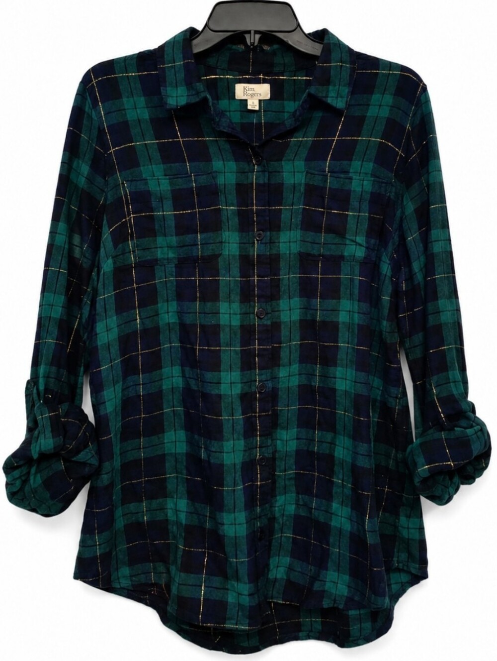 Kim Rogers Navy and Green Plaid Button-Down Shirt with Gold Stripes